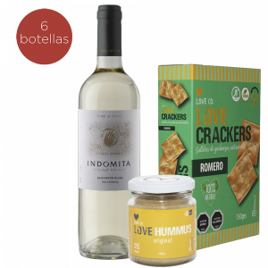 ¡Nuevo! Vino Indómita Selected Sauvignon Blanc <br>+ 1 Frasco de Hummus Original <br>+ 1 Caja de Crackers Romero<br> 35% off