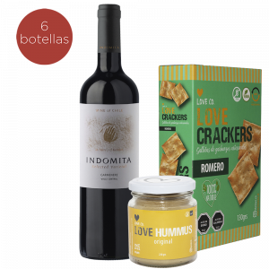 ¡Nuevo! Vino Indómita Selected Carménère <br>+ 1 Frasco de Hummus Original <br>+ 1 Caja de Crackers Romero <br> 35% off